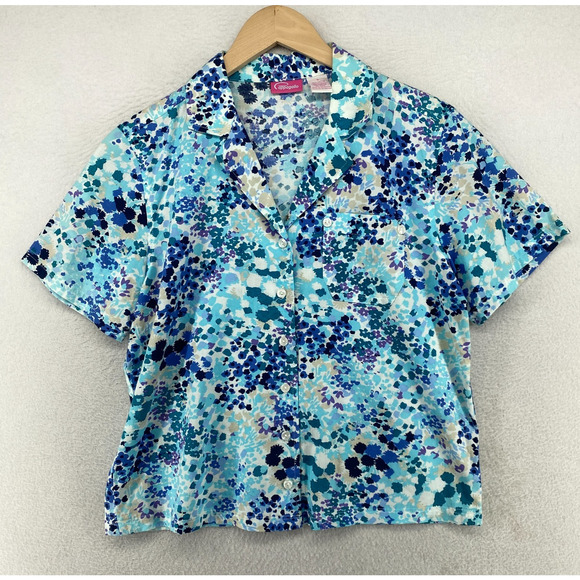 PAPPAGALLO Top Womens S Abstract Floral Boxy Shirt Button Up Cotton Rayon Blue - Picture 1 of 9